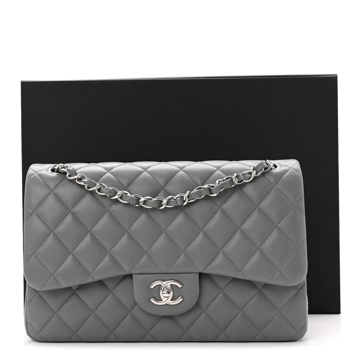 Caviar Quilted Jumbo Double Flap Grey