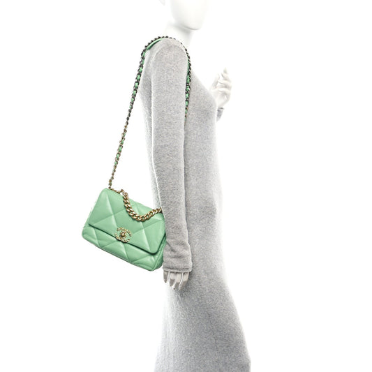 Goatskin Quilted Medium Chanel 19 Flap Light Green