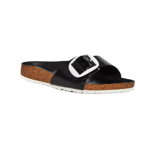 Birkenstock Madrid Big Buckle Natural Leather Patent in High Shine Black White