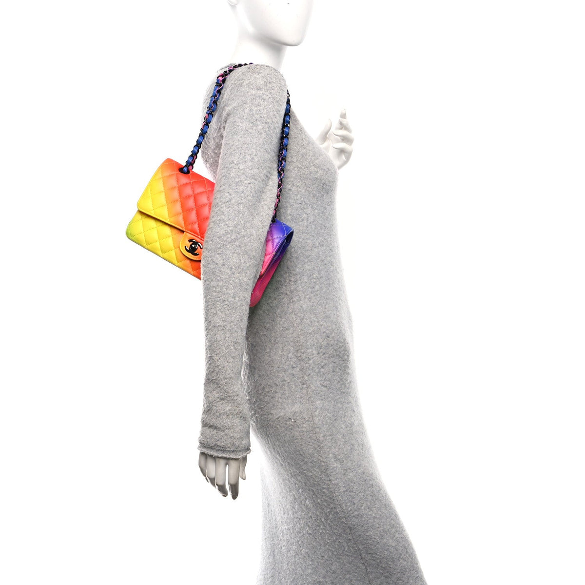 Calfskin Quilted Medium Rainbow Double Flap Multicolor