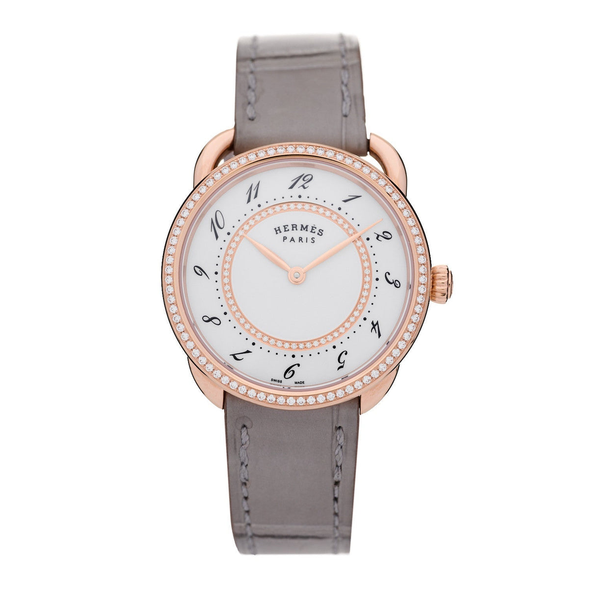 18K Rose Gold Alligator Diamond Bezel 30mm Arceau Quartz Watch Gris Perle