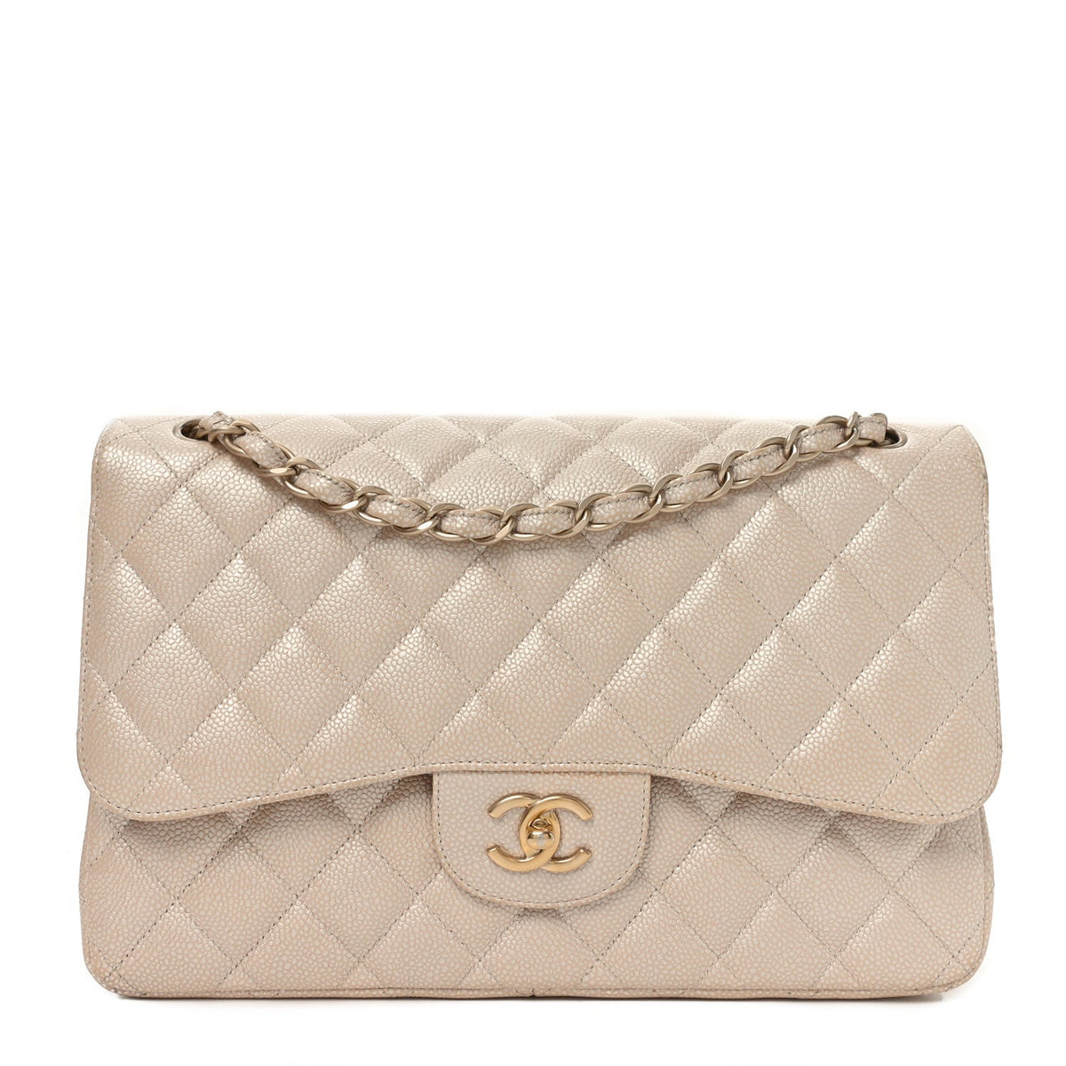 Iridescent Caviar Quilted Jumbo Double Flap Beige