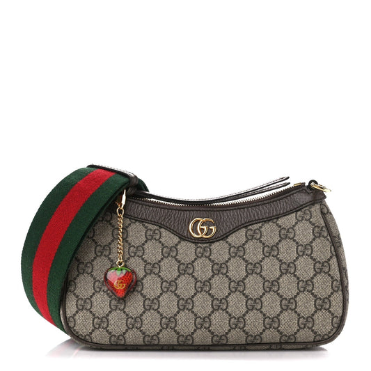 GG Supreme Monogram Textured Dollar Calfskin Web Small Ophidia GG Handbag Beige Ebony New Acero